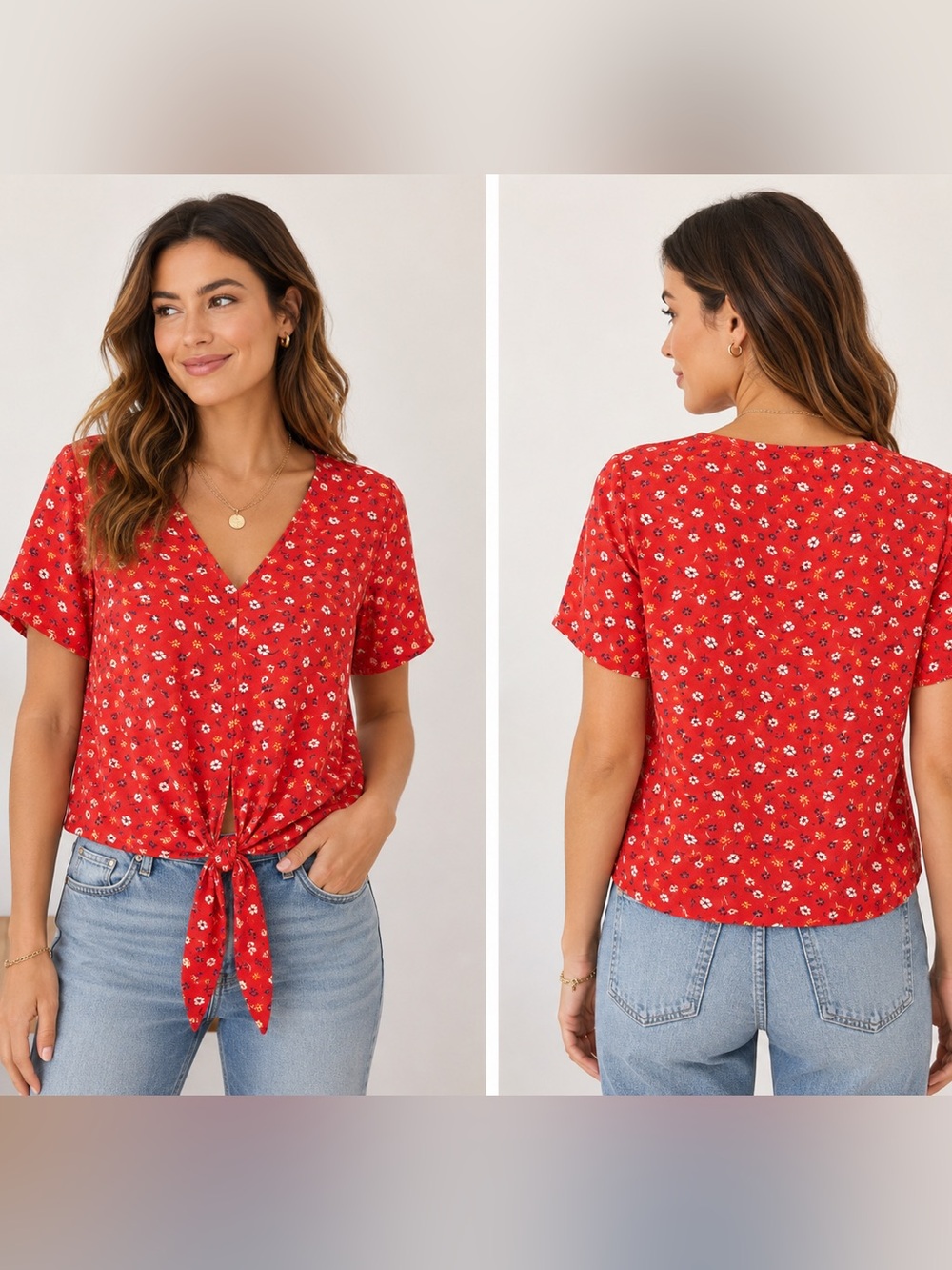 Madewell Women’s XS Red Floral Tie Front V-Neck Short Sleeve  Cottagecore Blouse